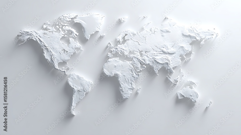 Fototapete A white world map with raised continents and textured surface is displayed on a white background
