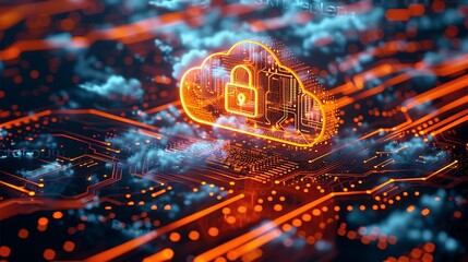 A glowing cloud with a padlock hovers above an orange and blue circuit board, representing cloud security