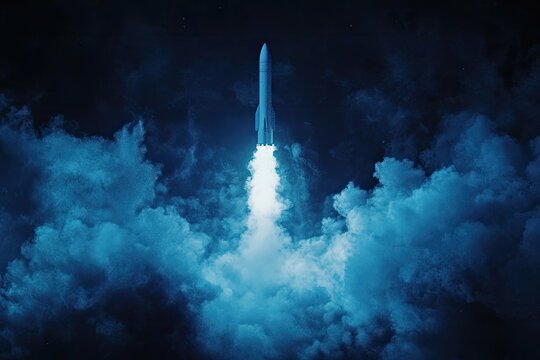 Rocket launch through dark, stormy clouds