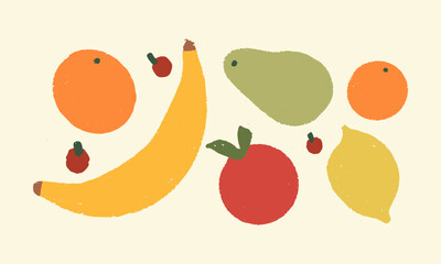 Vector illustration of bright fruits. Banana, apple, orange, pear, berries, lemon.