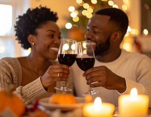 Young Couple Toasting with Wine on Thanksgiving Evening

