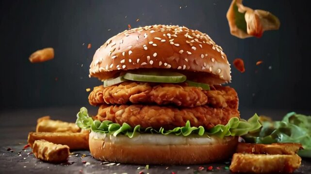 fresh crispy fried chicken burger sandwich with flying ingredients and spices hot ready to serve and eat food commercial advertisement created with generative ai	
