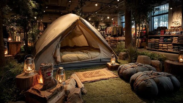 A cozy corner in the store is set up to mimic a campsite complete with a tent pitched on a simulated grassy floor surrounded by hiking gear sleeping bags and lanterns creating an immersive