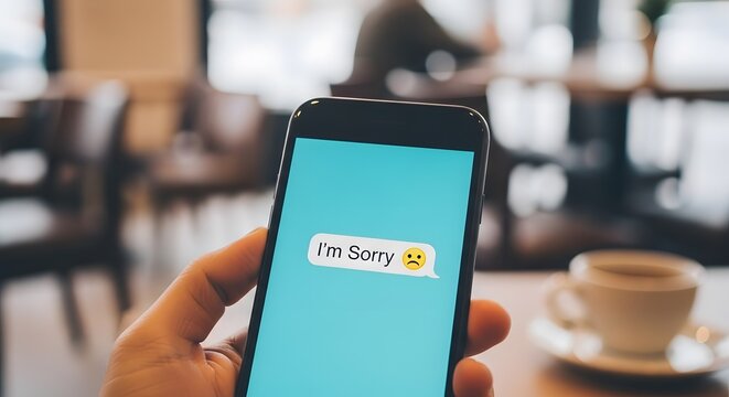 Mobile phone displaying "I'm Sorry" message with sad emoji, conveys sentiment of regret and apology. Holding with coffee cup in background.