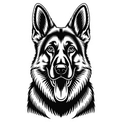 Detailed fur-edge silhouette of a German Shepherd with soft line accents, isolated black and white vector illustration