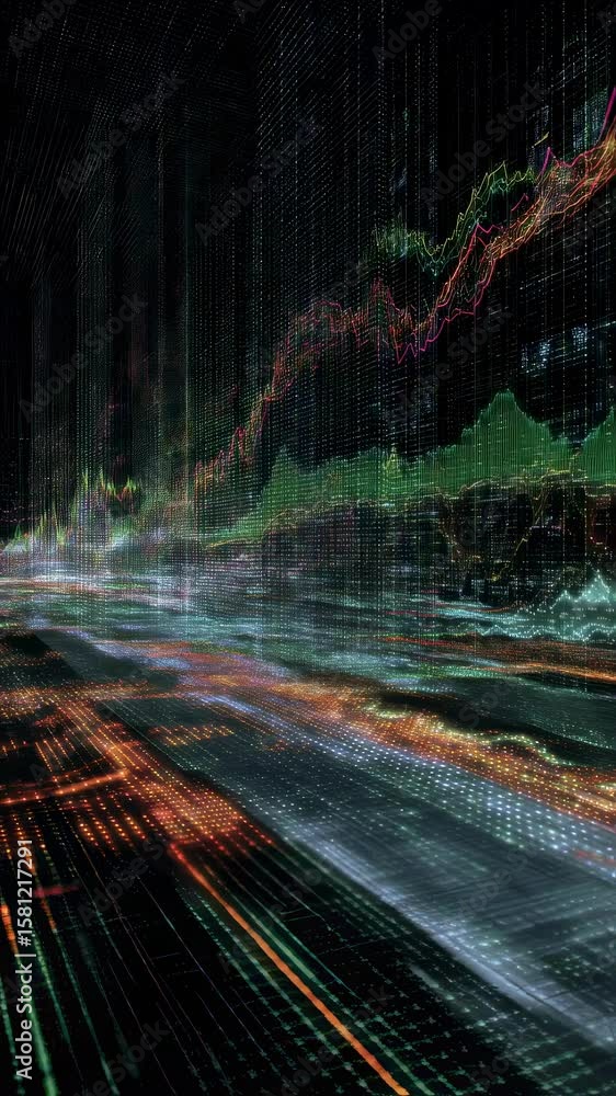Aufkleber complex financial data streams are rapidly flowing on a digital grid, with colorful charts in the ba