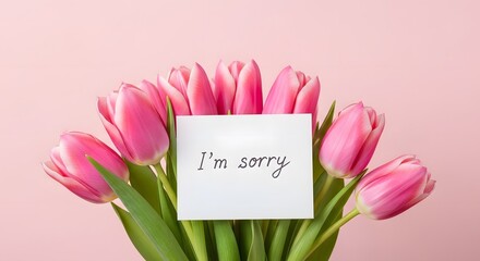 A bouquet of pink tulips offers a heartfelt apology with a note that says, "I'm sorry," against a soft, light pink background.