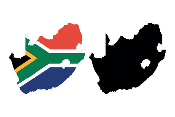 South africa map outline with national flag colors and black silhouette