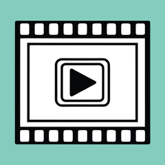 Obraz premium Black and white vector filmstrip with a play button icon on a light teal background movie video