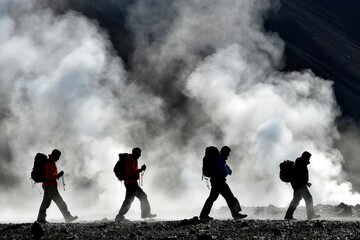Hikers trek through volcanic landscape amidst steam and mist on a cold day in a remote region
