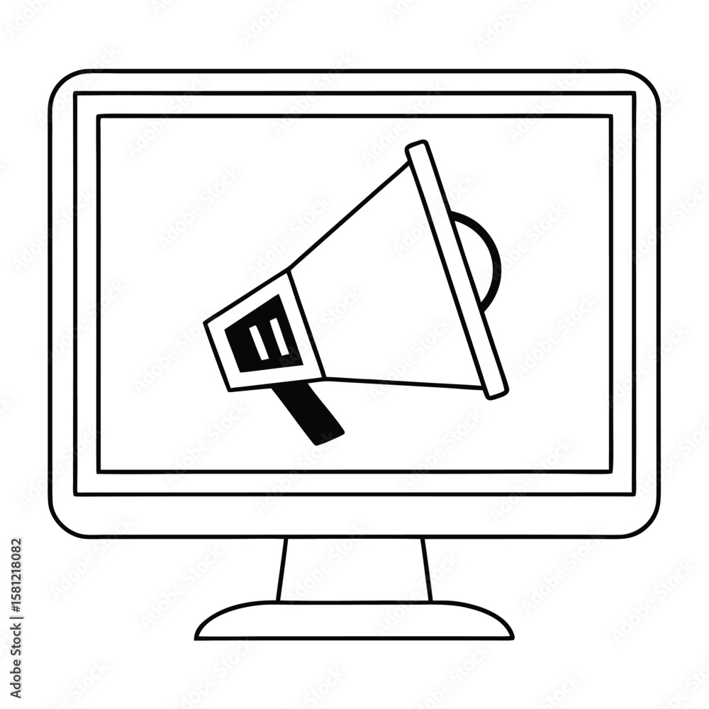 Poster black and white vector illustration of a computer monitor displaying a megaphone symbol for online m