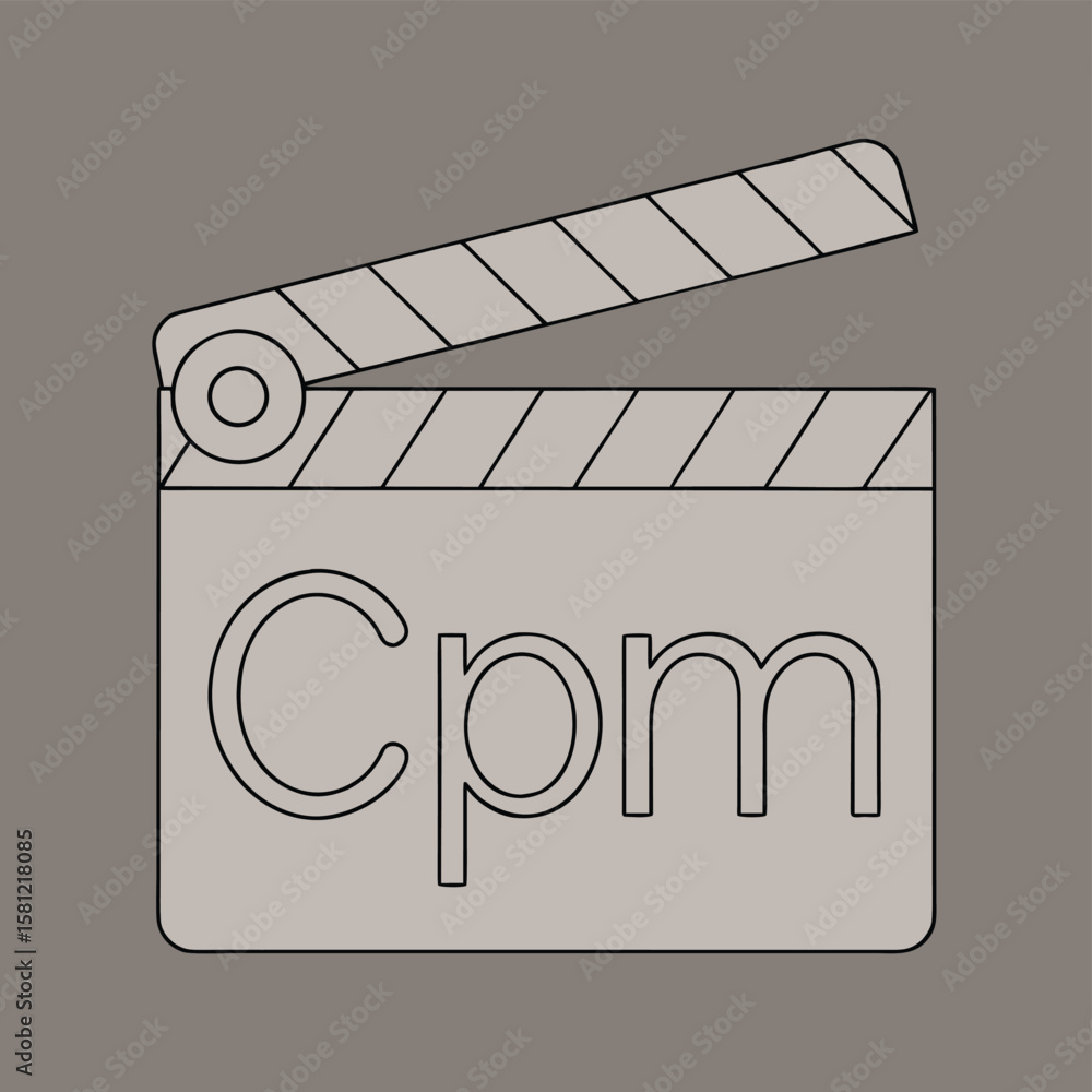Poster black and white vector illustration of a clapperboard with c p m text on a gray background clapboard