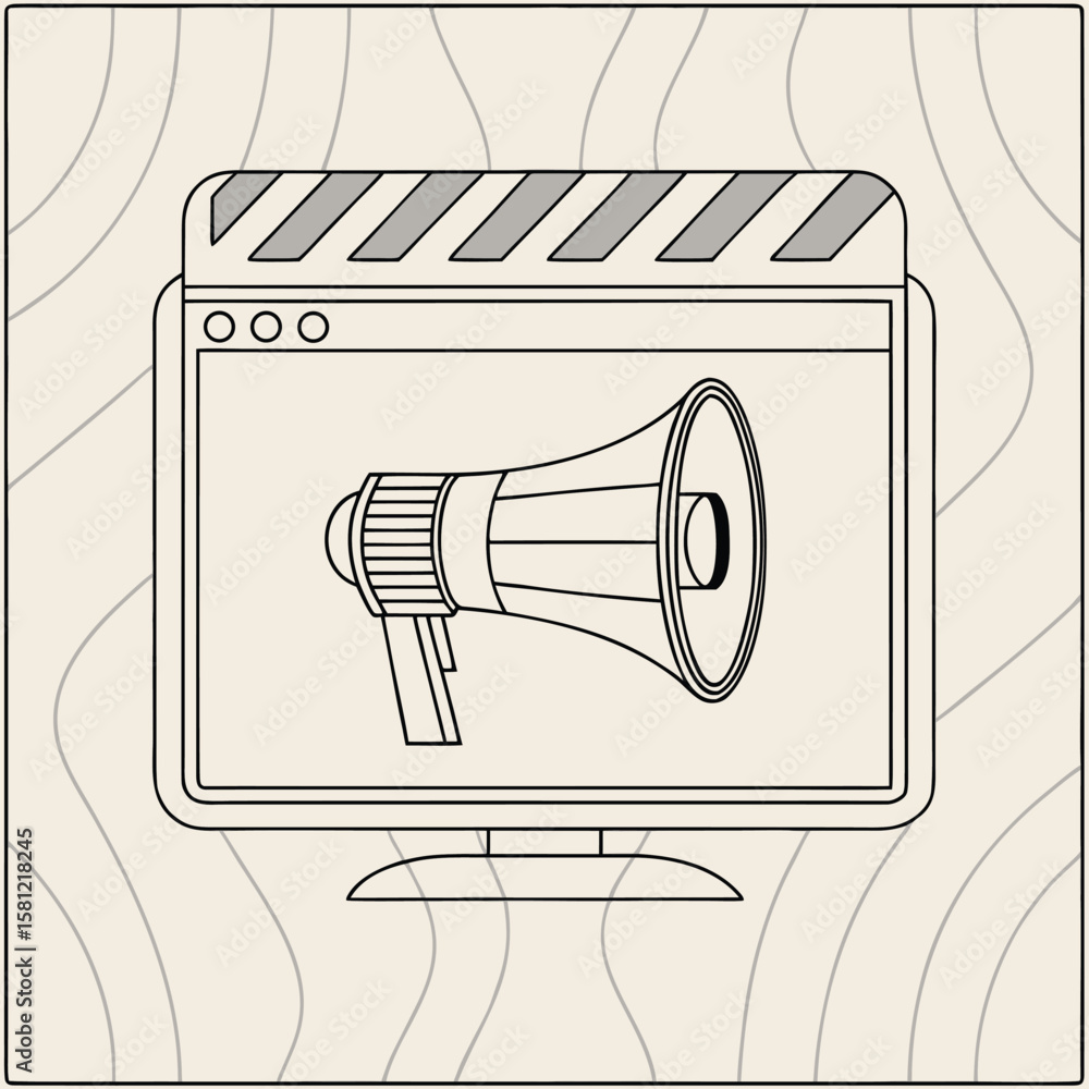 Poster black and white vector illustration of a computer monitor with a megaphone and clapperboard on a wav