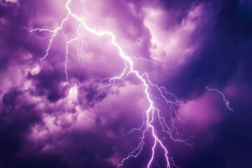 Lightning bolt frozen in time striking metallic surface, electric purple and white energy discharge, dramatic storm clouds 