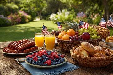 Vibrant Fourth of July Picnic Outdoors Rustic Wooden Table Festive Food Fruit American Flags Sausages Berries Orange Juice Breads