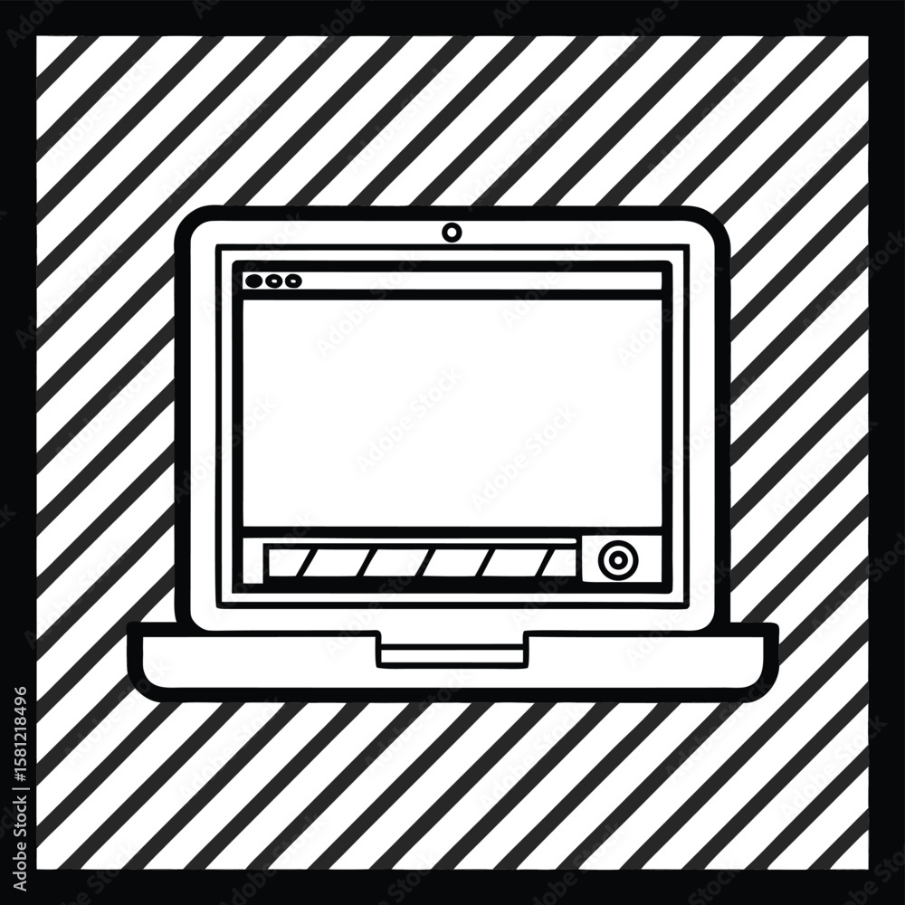 Fototapete Black and white vector illustration of a laptop computer with a loading bar on a striped background screen
