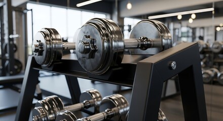 Fototapeta premium Closeup of Chrome Dumbbells on Rack in Gym Setting