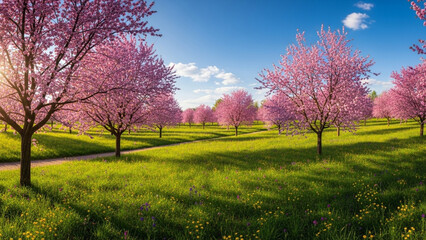 Fototapeta premium A park filled with blooming cherry blossom trees in spring
