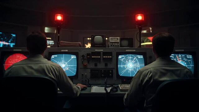 Two men monitor radar screens in a control room.