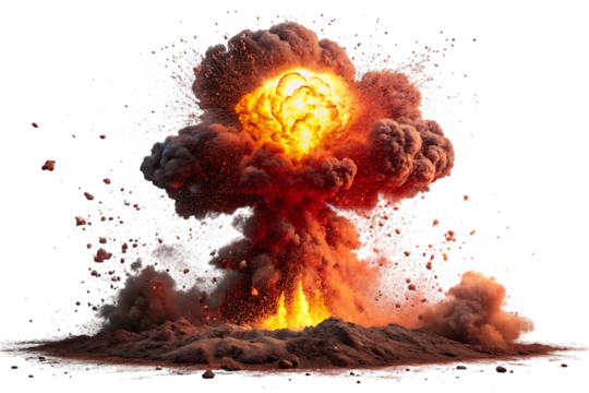 Massive fiery explosion with debris and smoke isolated on transparent background