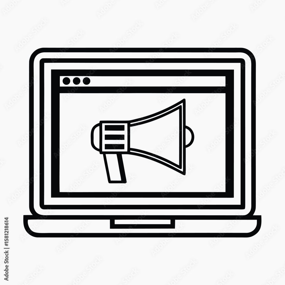 Fototapete black and white vector illustration of a laptop displaying a megaphone symbol on a webpage screen co