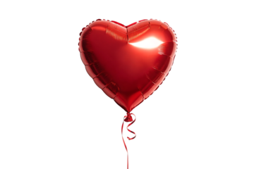 Shiny red heart shaped balloon with a curled ribbon isolated on transparent background