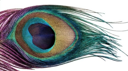 Vibrant Peacock Feather on Pristine White Background with Ample Copy Space