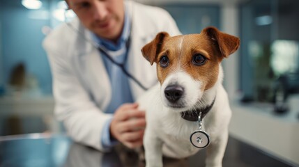 Modern veterinary clinic with soft lighting where a veterinarian gently examines a patient dog, promoting responsible pet ownership and vet services, veterinarian clinic, pet examination, Jack Russel