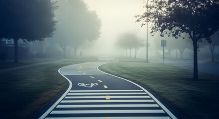 Foggy Morning Ride Empty Bicycle Lane Through Serene Urban Park Landscape