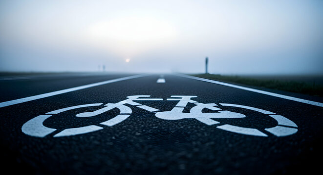 Foggy morning ride: A bicycle lane leads into the misty horizon, suggesting adventure and exercise