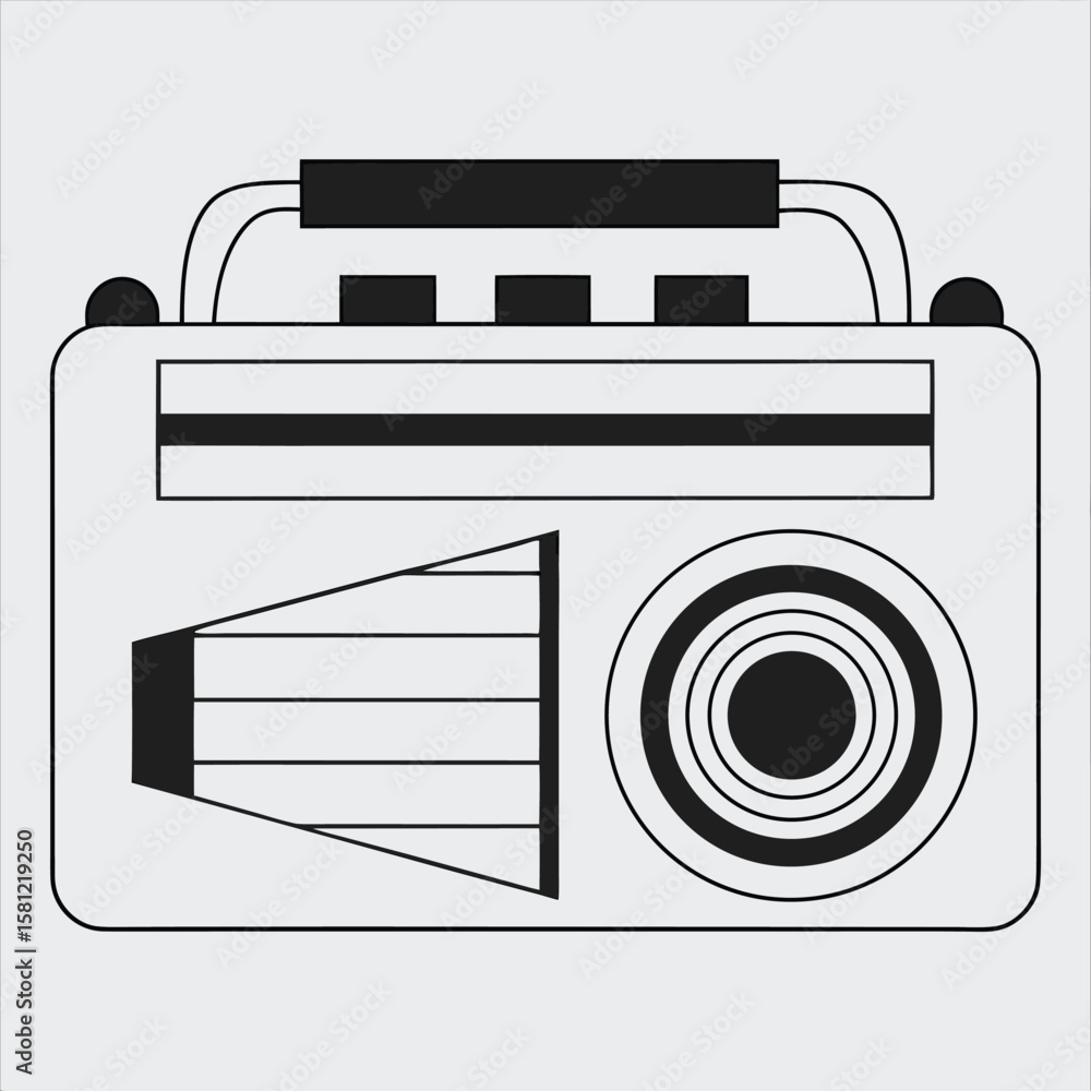 Poster black and white vector illustration of a retro radio with handle speaker dial and buttons on a light
