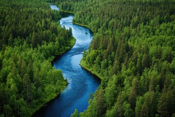 Fototapeta premium Lush river winding through dense forest