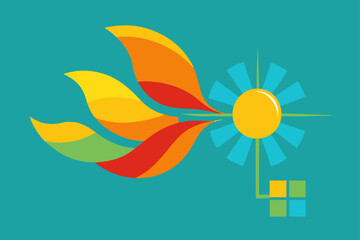 Floral illustration of a sunflower with yellow petals and green leaves against an abstract sun background