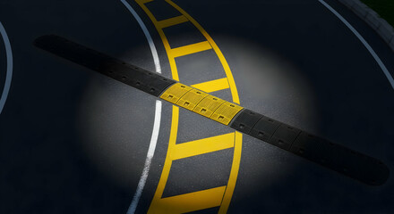 Elevated view of a speed bump on an asphalt road designed for safety and traffic calming during driving and parking