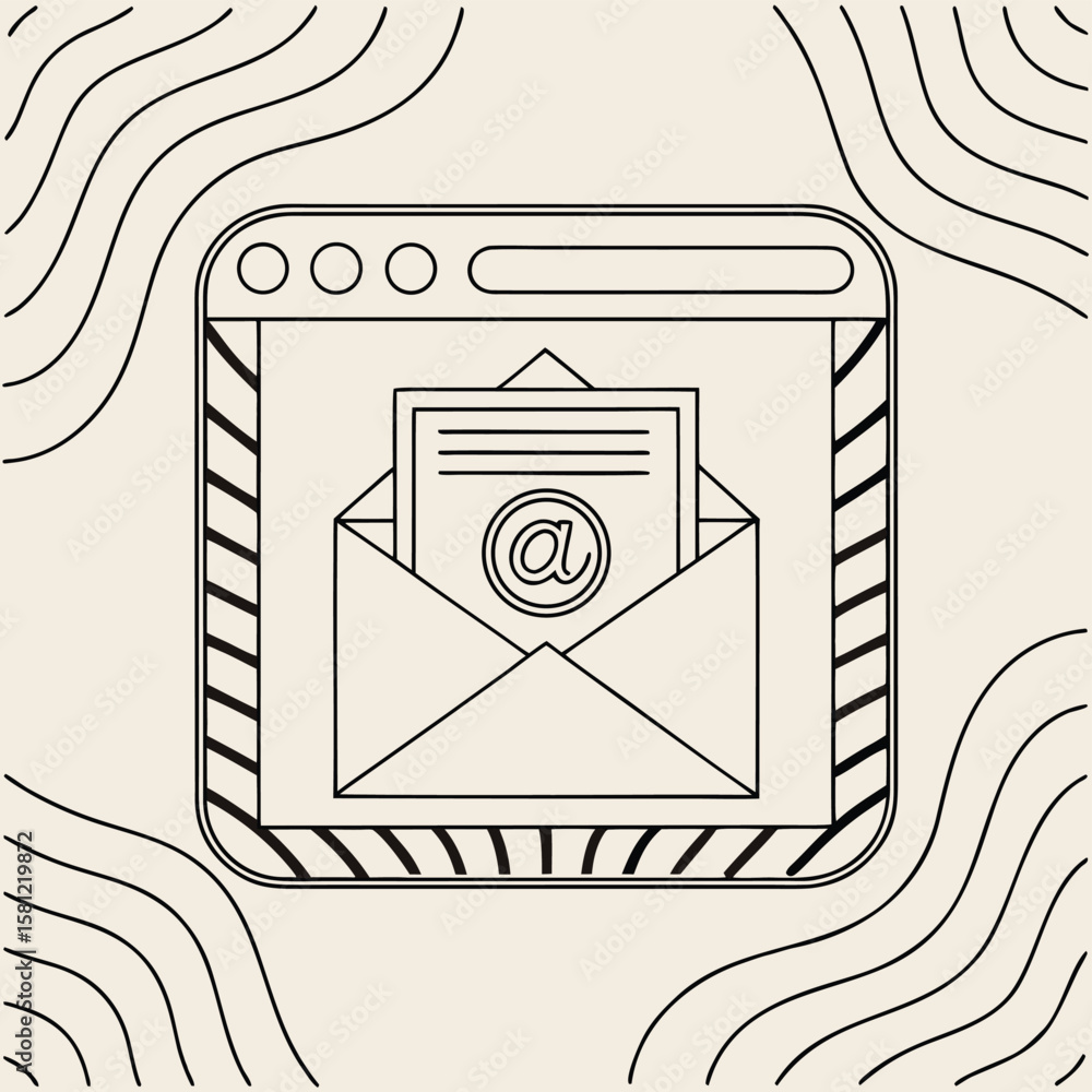 Aufkleber black and white vector illustration of an email envelope with at symbol inside a browser window surr
