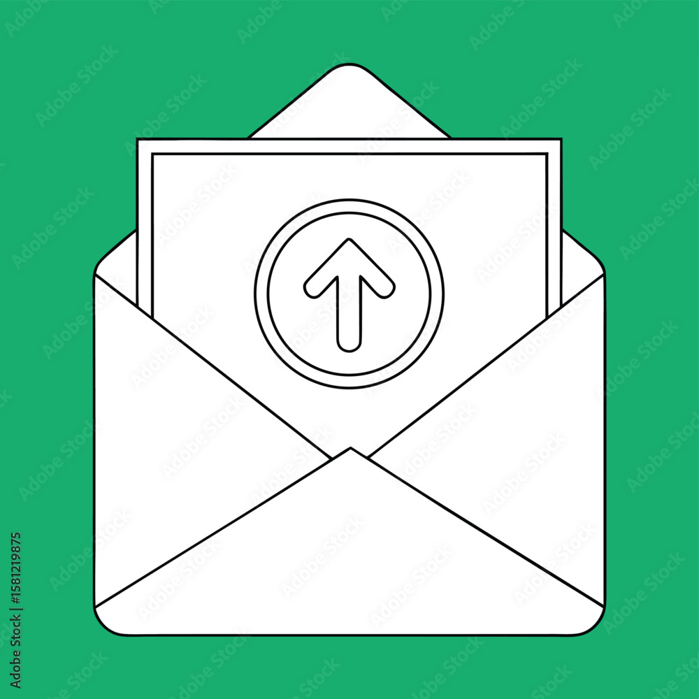Poster black and white vector illustration of an open envelope with a card showing an upward arrow on a gre
