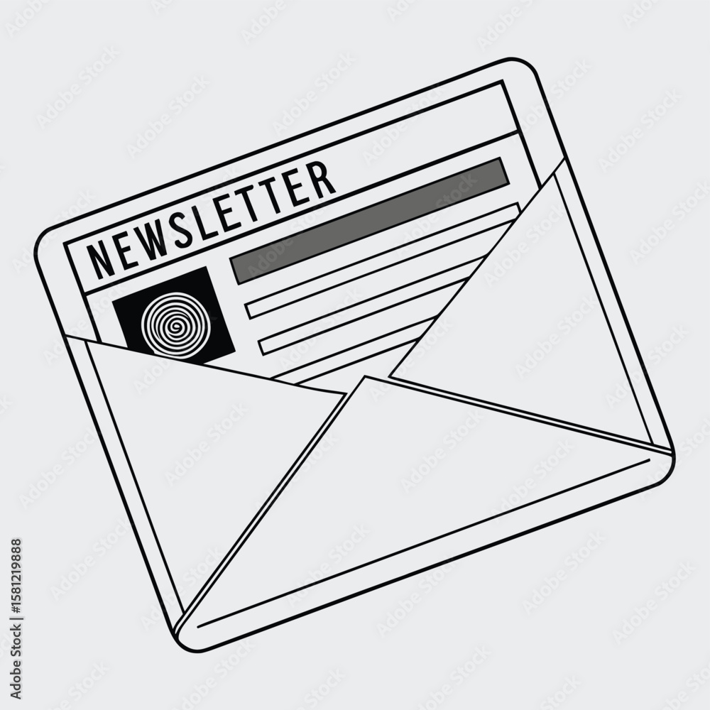 Fototapete black and white vector illustration of an open envelope with a newsletter featuring text and a spira