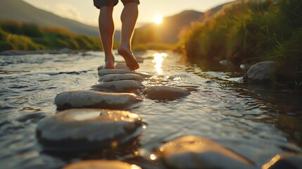 Bare feet walk across stepping stones in a shallow river at sunset