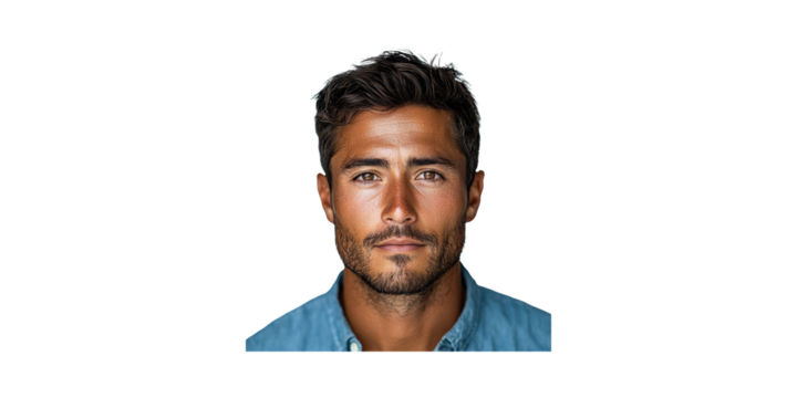 Portrait of male model with dark hair, tanned skin, and stubble isolated on transparent background