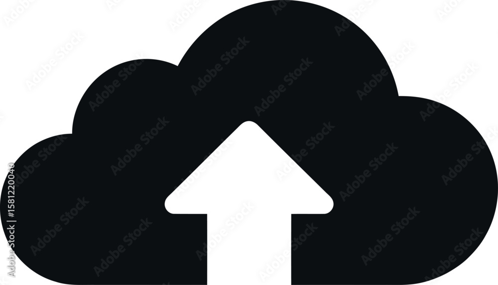 Poster black cloud upload icon with white arrow symbolizing data transfer and cloud computing technology co