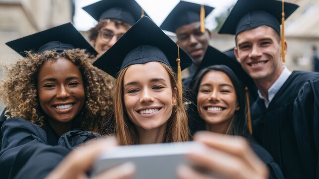 education, graduation, technology and people concept - group of happy international students in mortar boards and bachelor gowns with diplomas taking selfie by smartphone outdoors, no logos, no brand
