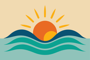 Obraz premium Summer Sunset Ocean Waves Retro Minimalist Beach Art Design