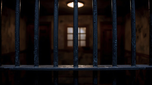 Dimly lit jail cell, the stark metal bars of the cell, evoking a sense of confinement and introspection. - Powered by Adobe