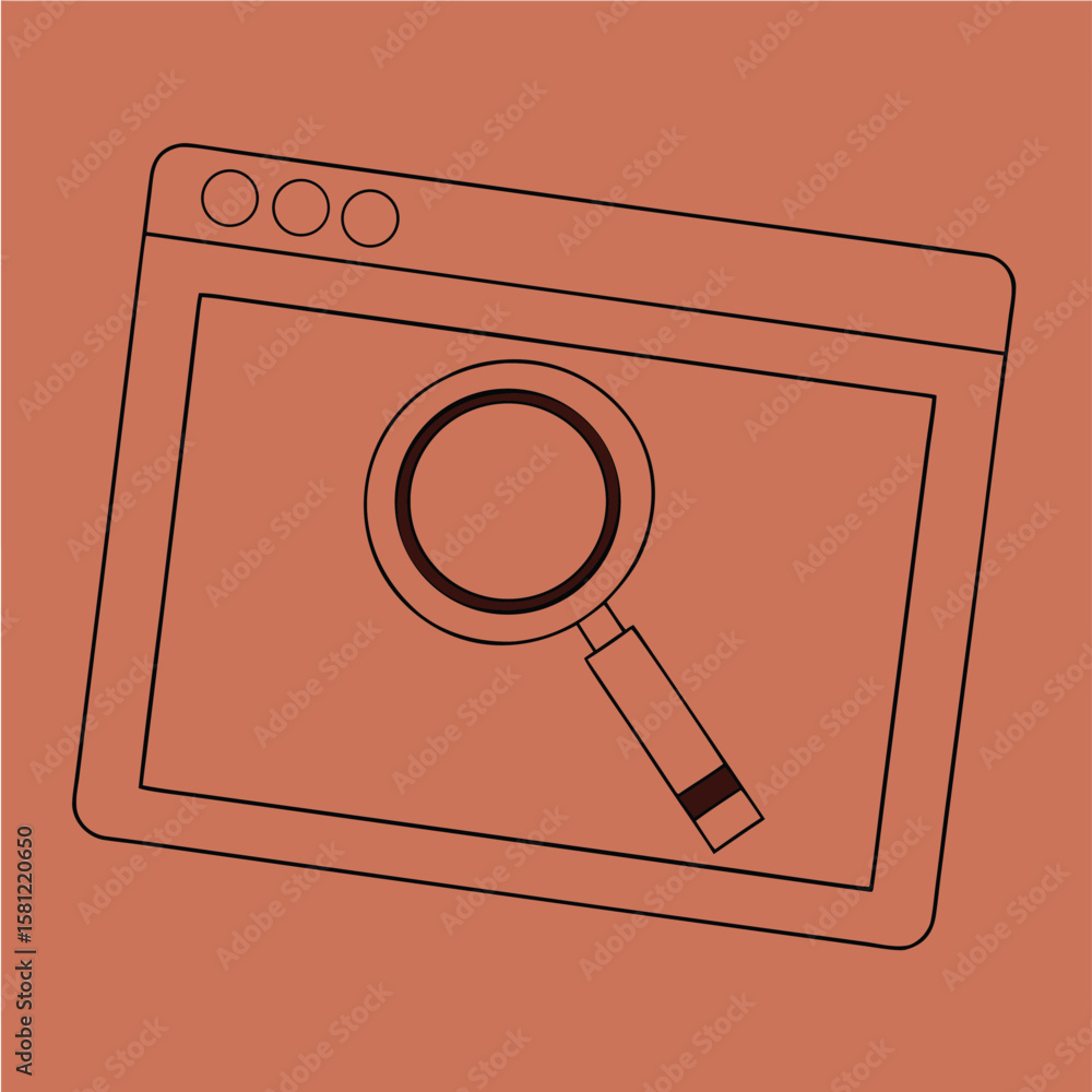 Poster black outline vector illustration of a browser window with three circles and a magnifying glass on a
