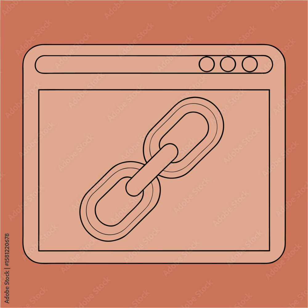 Poster black outline vector illustration of a web browser window with a chain link icon on a terracotta bac