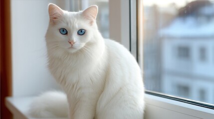 White cat on windowsill looking at camera