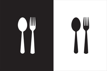 Spoon, fork icon set. Black Spoon, fork icon on white background and white spoon, fork icon on black background. Menu sign. Cafe icon set.