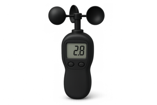 Black anemometer measuring wind speed on transparent background