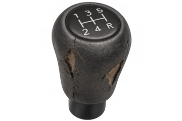 Worn gear stick showing five speed and reverse on transparent background