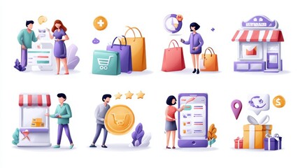 E commerce icons cartoon set. Online store discounts. Internet shopping. Seller reputation system, sales promotion, rebate program metaphors. Vector isolated concept metaphor illustrations, no logos,